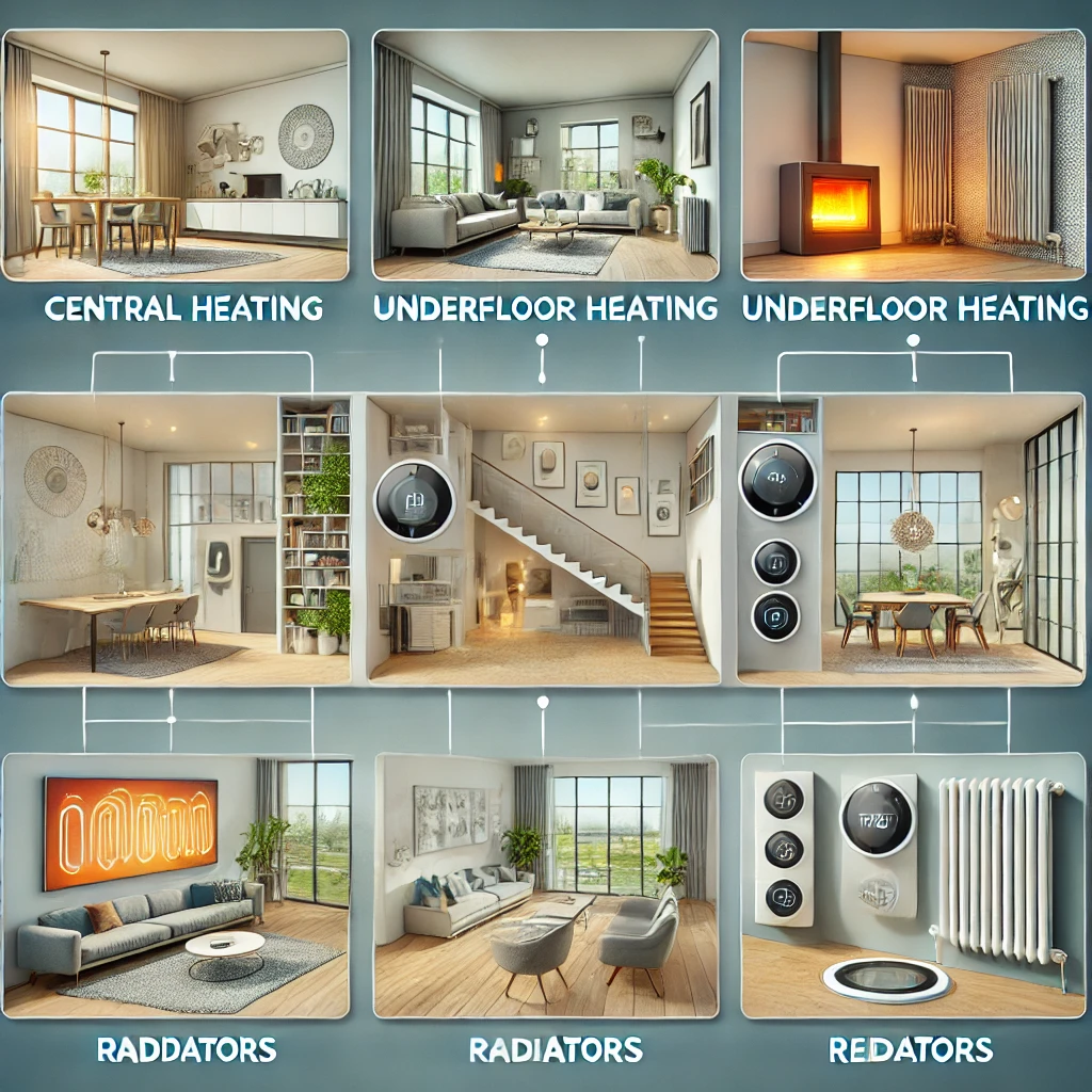 An infographic-style image comparing different home heating solutions, including central heating, underfloor heating, radiators, and smart thermostats, with a modern home interior in the background.