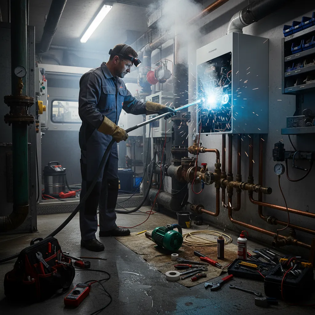 Engineer diagnosing boiler with digital tool