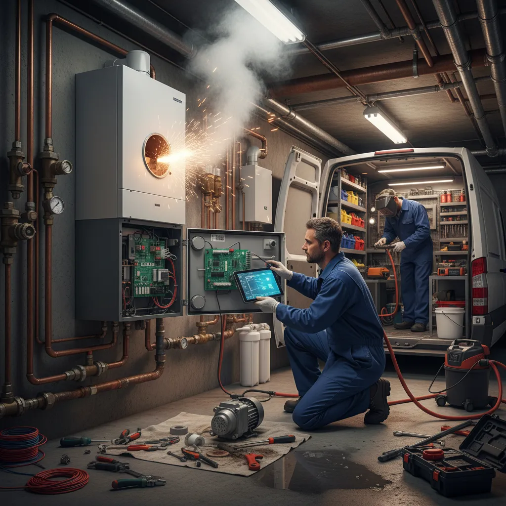 Boiler technician performing safety checks