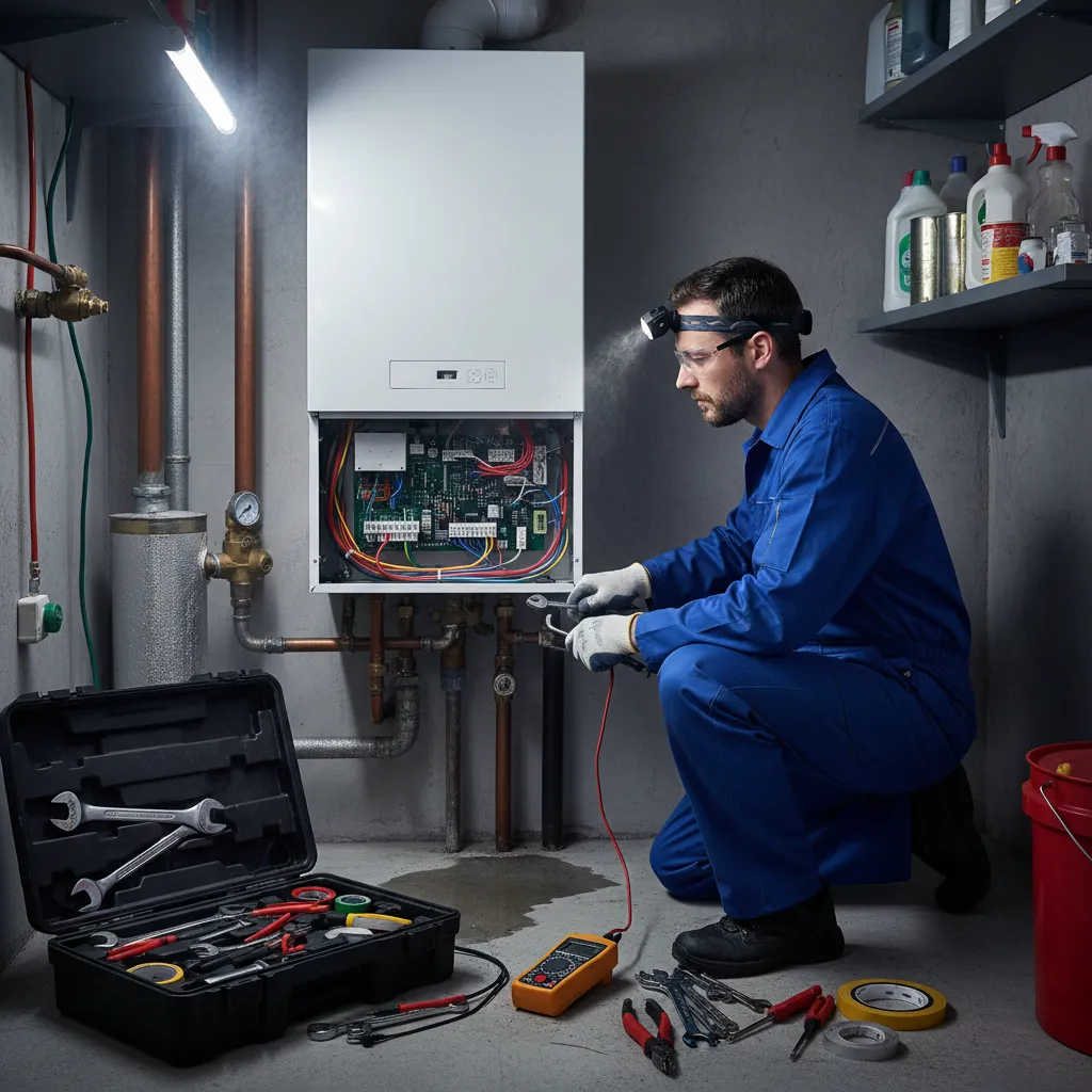 Emergency boiler repair technician working at night