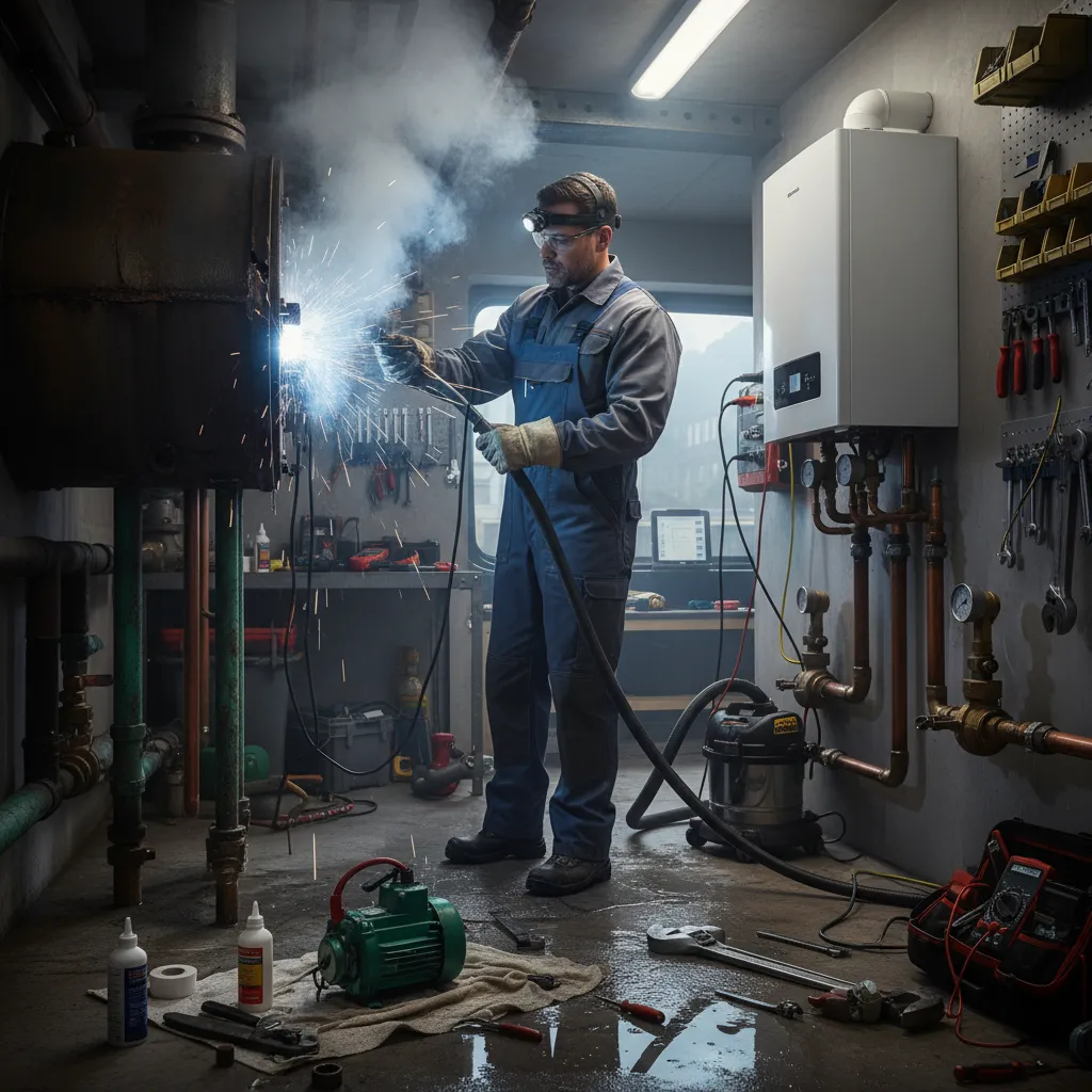 Gas boiler repair technician working on a boiler