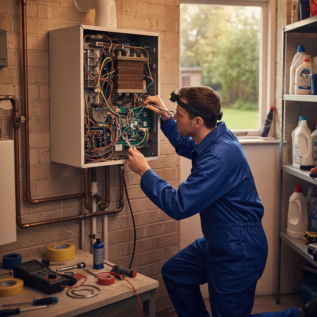 Plumber working on boiler in a utility room